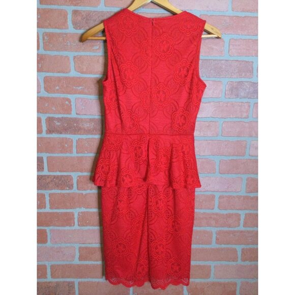 Vintage New Bell Floral Lace Flared-Sleeve Keyhole Shift Mini Dress Red M Peplum - Picture 4 of 9